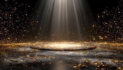 golden confetti rain on festive stage with light bea in the middle, empty roomat night mockup with copy pace for award ceremony, jbilee, New Year's party orproduct presentations