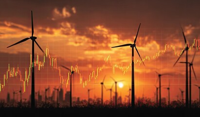 Wind turbines at sunset with financial chart