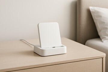 Minimalist white smartphone charging dock on wooden nightstand in cozy bedroom with soft lighting and neutral background. Ai generative. Ai generative