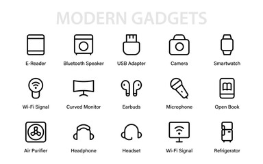 Modern Electronics Gadgets Line Icon Set. Minimal professional vector outline pack of mobile, tablet, and computer technology illustrations