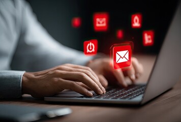 Person using laptop with email and notification icons