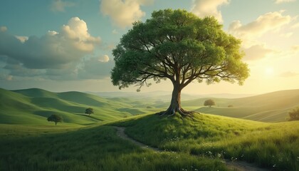 Fototapeta premium Conceptual image of flourishing financial tree with branches labeled Savings Investments, Growth set against rolling green hills, meadows under sunshine. Represents wealth prosperity business