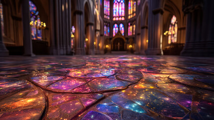 Obraz premium A colorful mosaic floor with a starry sky pattern. The floor is made of glass and has a glittery effect