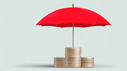 Red umbrella covers stacks of coins, symbolizing financial protection and investment security. image conveys sense of safeguarding assets and managing risk effectively
