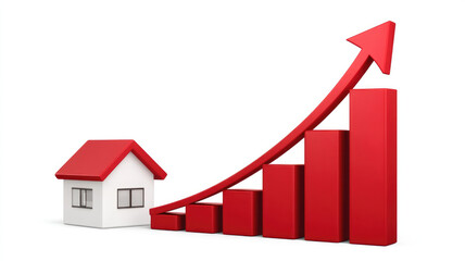 Red arrow and bar graph rise beside small house, symbolizing real estate growth and investment success. image conveys sense of upward financial progress and market analysis