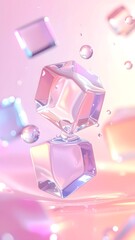 A mesmerizing abstract background with floating, iridescent crystal cubes and clear droplets against a delicate pink backdrop
