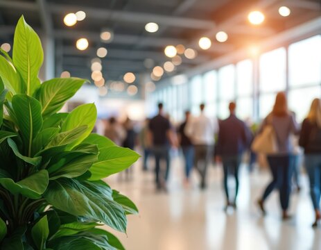 Vibrant exhibition hall buzzes with activity, illuminated by bright lights, featuring prominent green plant. People network, engage in dynamic atmosphere, opportunities for business growth,
