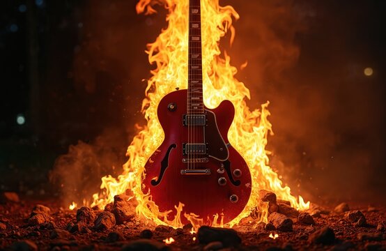 Red electric guitar engulfed in flames. Musical instrument ablaze on rocky ground with dark background. Powerful imagery suggests passion, destruction, or rebirth in music.