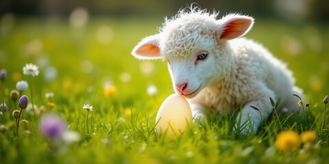 Fototapeta premium Cute Lamb Exploring Colorful Easter Egg in Green Field