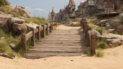 Fototapeta premium Wooden bridge leading through a quaint coastal village