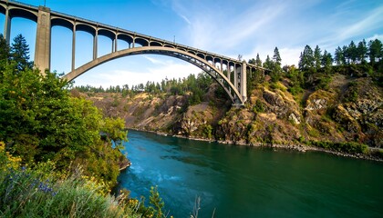 Fototapeta premium Majestic concrete arch bridge spans over turquoise river canyon landscape