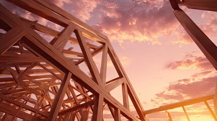 Wooden house framing against a vibrant sunset.
