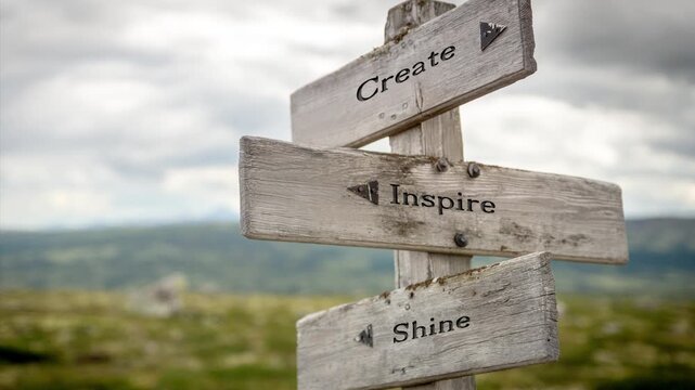 Wooden sign on a mountain plateau with the quote "Create Inspire Shine", surrounded by natural alpine landscape and soft sunlight, evoking motivation and creativity.