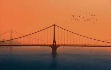 Fototapeta premium Birds Flying Over Wuhan Yangtze River Bridge at Golden Hour Sunset, China Architecture Landscape