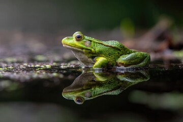 Obraz premium A vibrant green frog sits by a still pond