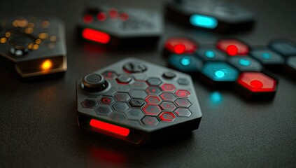 Close-up view of futuristic game controllers