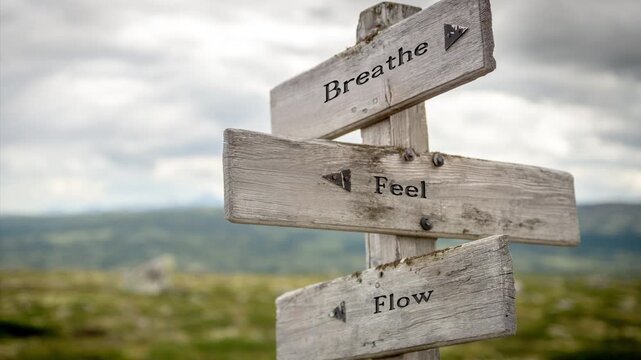 A wooden sign on a serene mountain landscape engraved with "Breathe Feel Flow". Soft sunlight illuminates rocky terrain and alpine greenery, evoking calm, mindfulness, and serenity. 