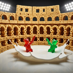 Generative AI Cereal Colosseum Gummy Bear Gladiators Gummy bears Milk Food Arena Battle Red Green Playful Whimsical Sweet Snack Breakfast Food fight Childhood Imagination - High Quality