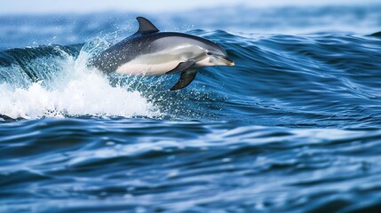 Fototapeta premium A dolphin is swimming in the ocean. The water is blue and the dolphin is white. The dolphin is in the middle of the water and is surrounded by waves