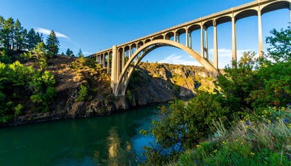 Majestic concrete bridge spans a scenic river gorge on a sunny day