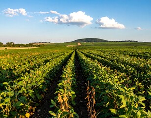 Expansive soybean field stretches across the landscape under a vibrant blue sky.