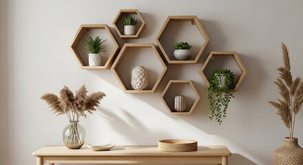 Stylish wall decor with hexagonal shelves and decorative items, creating a modern and minimalist aesthetic for home interior design and decoration