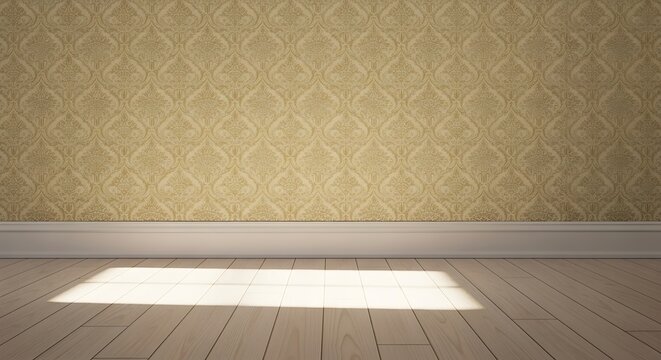 Empty room with golden patterned wallpaper and light wooden floor, illuminated by a rectangular patch of sunlight.