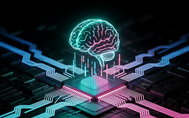 Glowing abstract brain symbolizing artificial intelligence and neural networks on a futuristic circuit board.