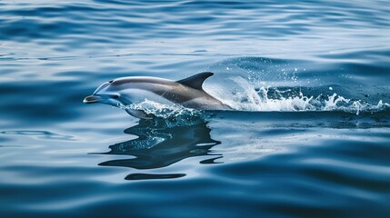Fototapeta premium A dolphin is swimming in the ocean. The water is blue and the dolphin is white. The dolphin is in the middle of the water and is surrounded by waves