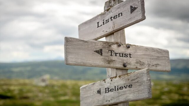 Wooden sign on a mountain plateau with the quote "Listen Trust Believe", set against a serene alpine landscape with soft sunlight, inspiring mindfulness, faith, and personal growth.