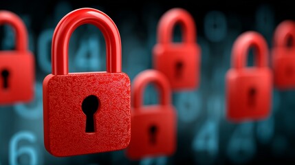Red lock is placed in front of a series of other locks. Concept of security and protection, as the red lock stands out against the other locks