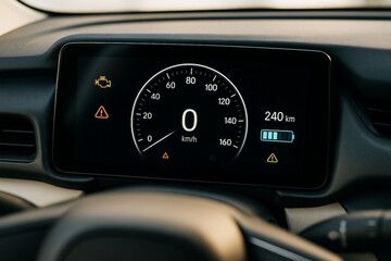 Modern car dashboard with digital speedometer, battery range indicator, and warning lights on black background in electric transport concept. Ai generative