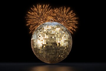 Sparkling Night of Celebration: A festive disco ball, reflecting a vibrant display of light and excitement, is at the center of this celebratory scene. Two bursts of fireworks explode in the backdrop.