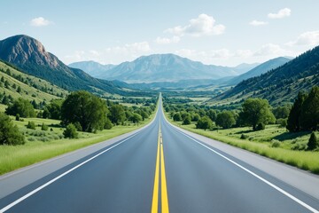 Long straight highway through green valley and mountains under clear sky, perfect for travel and background concepts. Ai generative.