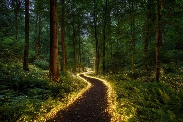 Fototapeta premium Illuminated path winding through a dark forest