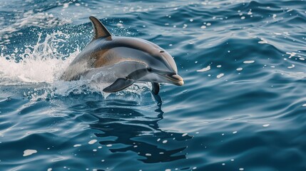 Fototapeta premium A dolphin is swimming in the ocean. The water is blue and the dolphin is white. The dolphin is in the middle of the water and is surrounded by waves