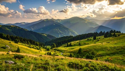 Lush mountain valley at sunset