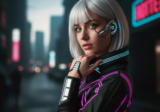 A portrait of a beautiful cyberpunk woman with cybernetic implants in a futuristic city at night