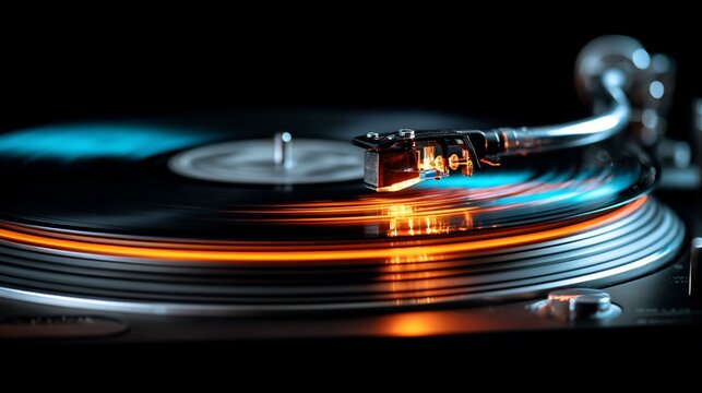 Spinning record player with vibrant lights, black background in blurred focus
