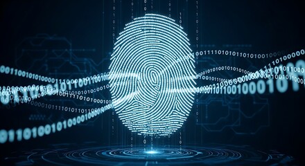Digital fingerprint scan with glowing blue lines and binary code, representing biometric security and data privacy