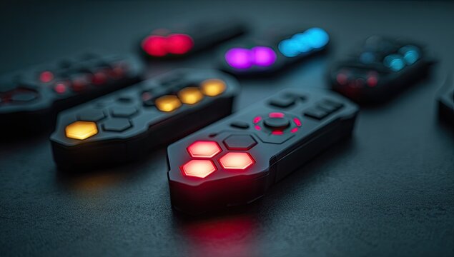 Close-up of several futuristic game controllers with glowing lights