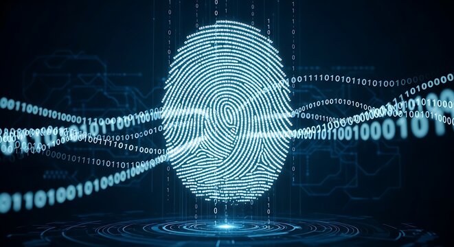 Digital fingerprint scan with glowing blue lines and binary code, representing biometric security and data privacy