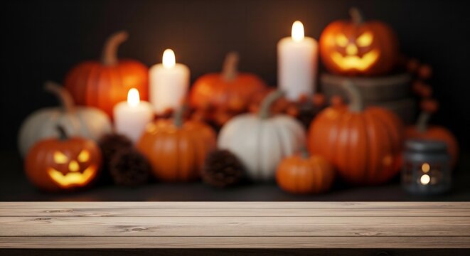 Elegant Halloween: Rustic Wooden Table with Softly Glowing Pumpkin Ambiance