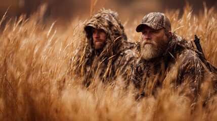 Camouflage comrades in the wilderness: Two camouflaged individuals stand stealthily in tall grass, blending seamlessly with the natural environment.