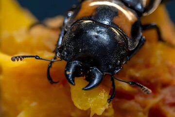 Black Stag Beetle Macro Closeup with Yellow Amber Background Showing Detailed Mandibles and Exoskeleton