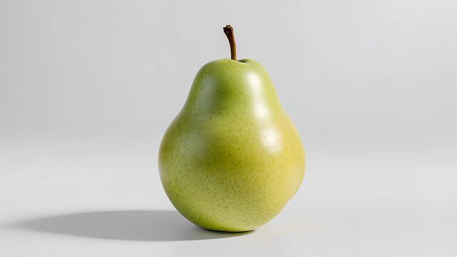A video of a single, ripe green pear, shot in a studio against a neutral white background. The fruit is backlit, its shadow falling on the surface, adding depth and volume. The pear has a smooth, shin