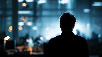 Fototapeta premium Man contemplating the future: A solitary figure stands in silhouette, gazing towards a modern, brightly lit office, representing contemplation, planning and vision.