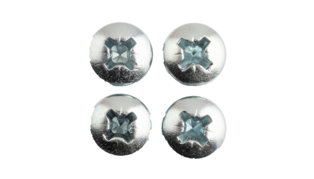 High Resolution Macro Shot of Four Industrial Screw Heads with Phillips Cross Slots