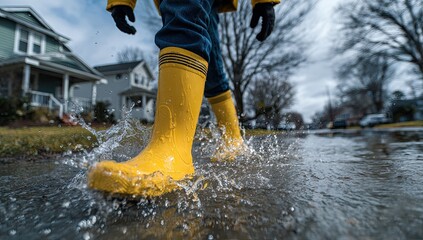 Person walking through a puddle in yellow rain boots