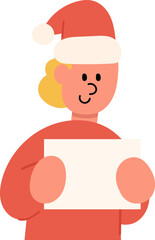 Vector cartoon illustration of a woman wearing a Santa hat holding a blank white paper. Christmas and holiday concept.